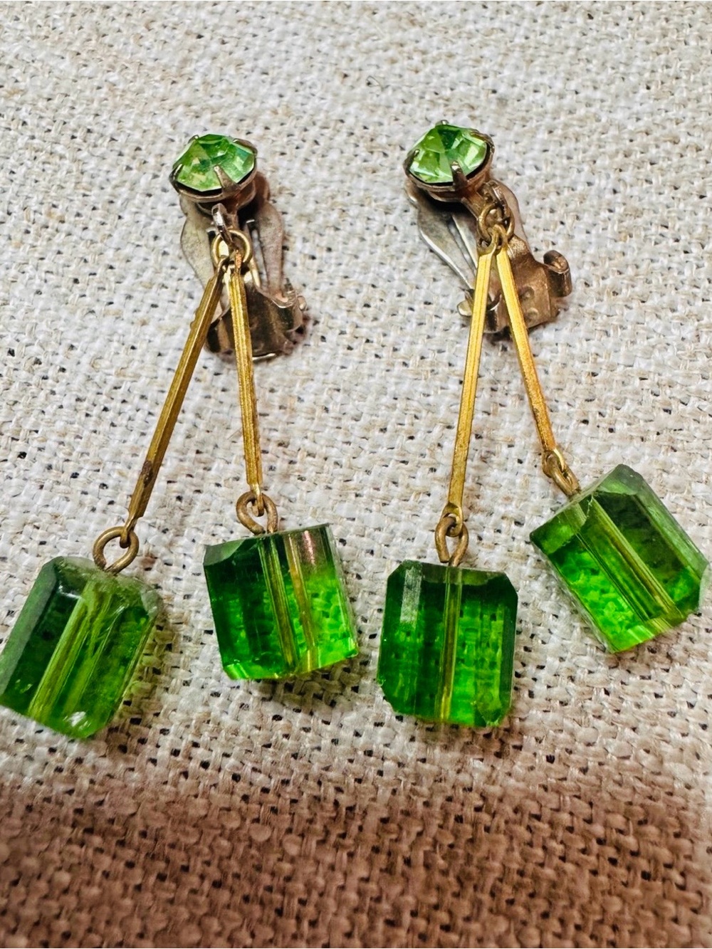 Vintage Vaseline Glass Dangle Clip Earrings Art Deco Style Gold Tone